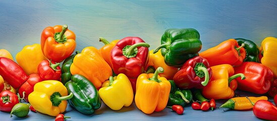 Vibrant capsicum peppers in close focus isolated pastel background Copy space - obrazy, fototapety, plakaty