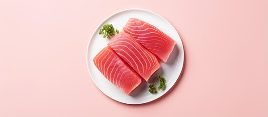 copy space image on isolated background with white plate holding tuna sashimi