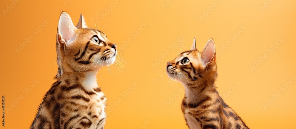 Poster Two Bengal felines parent and offspring not facing forward Separated on a isolated pastel background Copy space