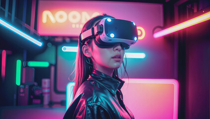 a woman wearing a virtual reality headset in a dark room with neon lights  - 658592244