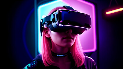 a woman wearing a virtual reality headset in a dark room with neon lights  - 658592279