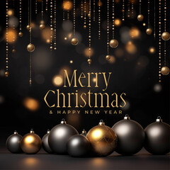merry christmas greeting card with realistic decorative balls, black background with gold and black christmas balls, new year's greeting card, christmas background with shiny balls and garland