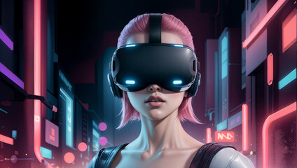 a woman wearing a virtual reality headset in a dark room with neon lights  - 658592424