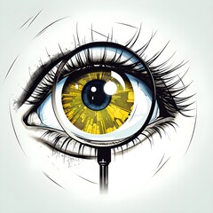 Pupille dilatée avec iris en forme de puce informatique, grossi par loupe. Oeil féminin avec grands cils. - obrazy, fototapety, plakaty