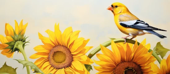 Schilderijen op glas copy space image on isolated background with sunflowers surrounding an American Goldfinch in a watercolor painting © HN Works