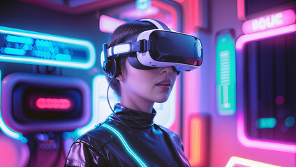 a woman wearing a virtual reality headset in a dark room with neon lights  - 658592443