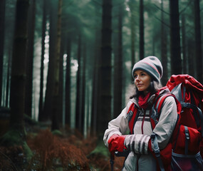 Femme d'âge moyen en randonnée dans la forêt habillée avec une veste de ski, un sac à dos et un bonnet - obrazy, fototapety, plakaty