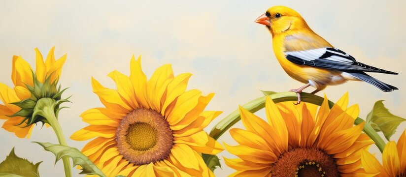 copy space image on isolated background with sunflowers surrounding an American Goldfinch in a watercolor painting