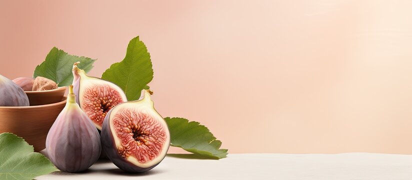 Two fig slices on a bamboo plate isolated pastel background Copy space