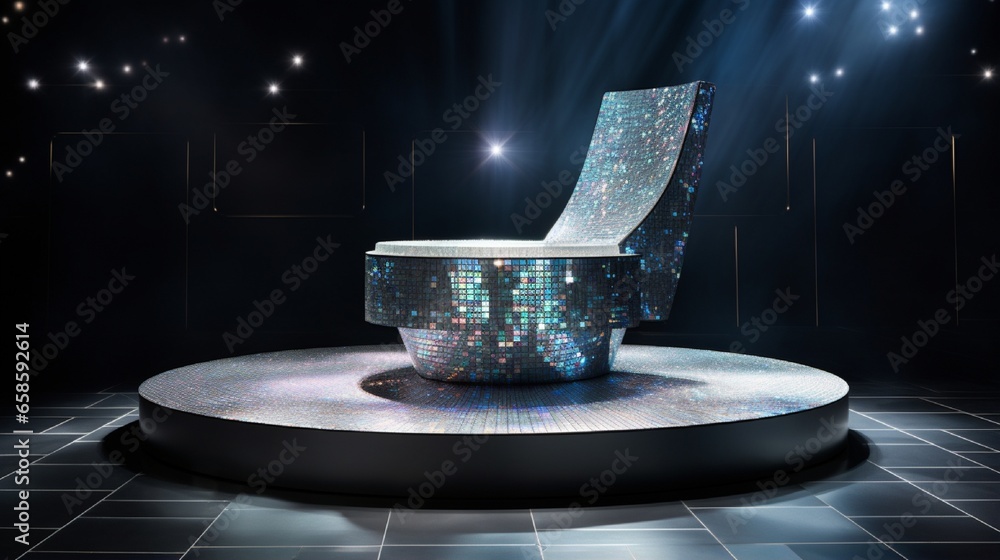 Poster a mosaic podium in a futuristic setting, with holographic elements complementing its design.