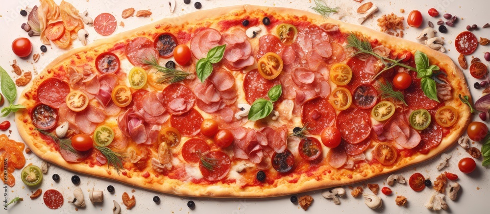 Poster variety of pizza toppings including salami mushrooms bacon and sundried tomatoes presented in a vert