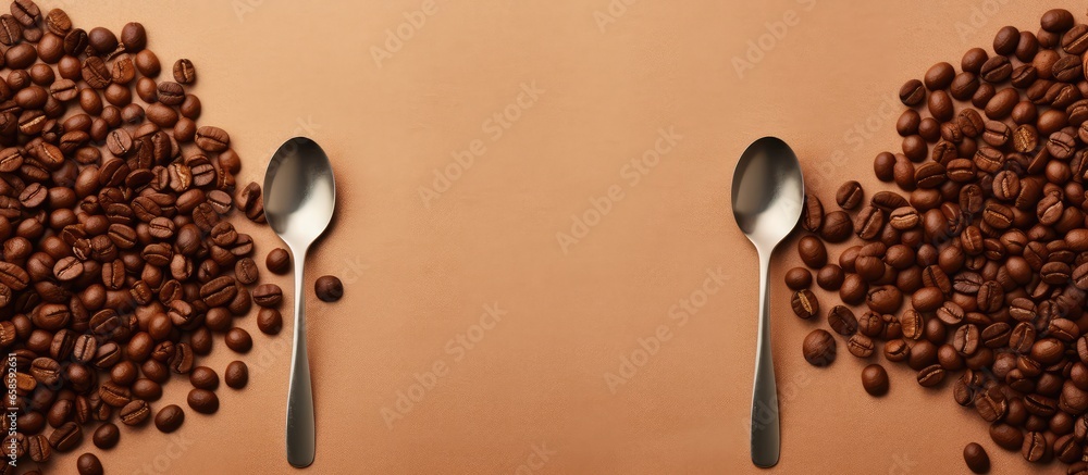 Poster two coffee filled spoons on a isolated pastel background copy space one with beans and the other wit