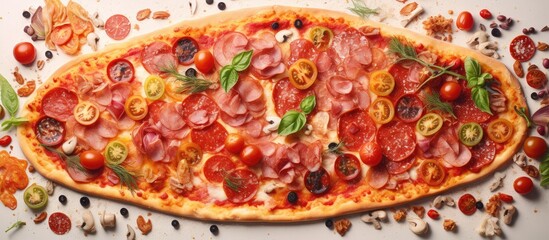 Variety of pizza toppings including salami mushrooms bacon and sundried tomatoes presented in a vertical arrangement isolated pastel background Copy space - obrazy, fototapety, plakaty