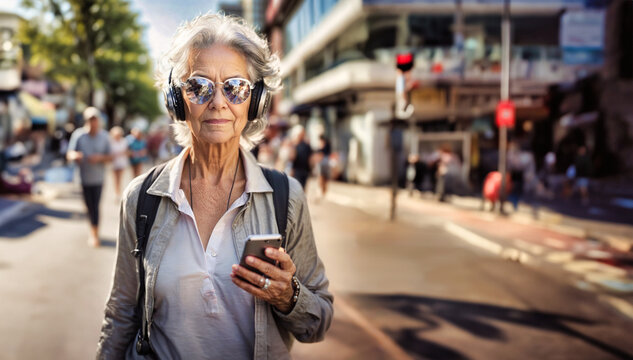 Gray haired senior woman walking happy and relaxed on city center street enjoying listening to music with headphones connected to mobile phone.