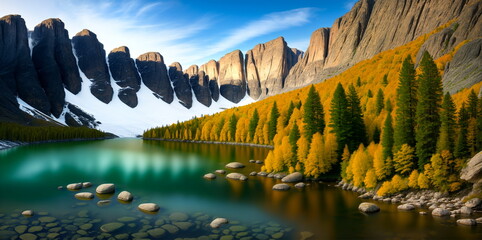 Mountains in autumn with a lake in the foreground.  AI generated - 658592896