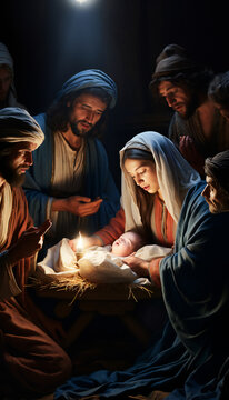 Vertical pictoric recreation of the adoration of Biblical Magi in the birth of jesus baby in nativity scene
