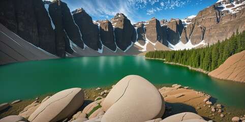 The lake during the day has rocks in the foreground. The background is tall mountains and sky.  AI generated - 658593003