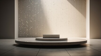 A mosaic podium in a minimalist room, with clean lines and modern aesthetics.