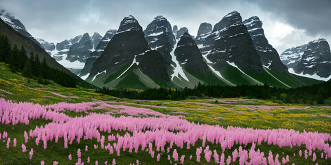 Field of pink flowers in the middle of the valley The background is a large mountain.  AI generated - 658593259