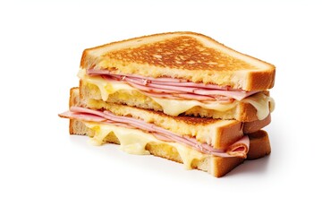 stacked two toasted sandwiches with cheese and ham isolated on white background - obrazy, fototapety, plakaty