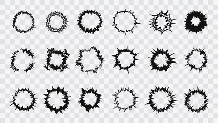 Set of simple radial explosions icons. Set of explosions on a transparent background. Radial speed Lines in Circle Form for comic books. Radial line break. Explosion line movement. Vector Illustration