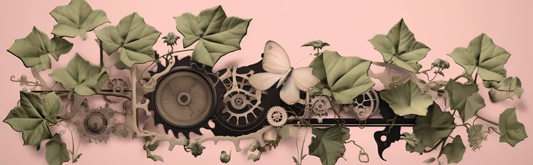 Tuinposter floral, vintage background, peony, flover, products, enginer, generative, ai, steampunk, background, clockwork, brooch, ivy plant, pink © Svitlana