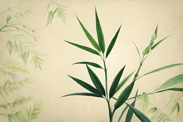 bamboo leaves on marble paper background, top view of bamboo leaves