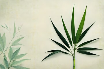 Fototapeta na wymiar bamboo leaves on marble paper background, top view of bamboo leaves