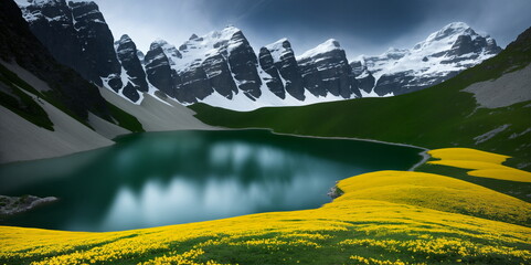 A lake and high mountains have fields of yellow flowers in the foreground.  AI generated - 658593468