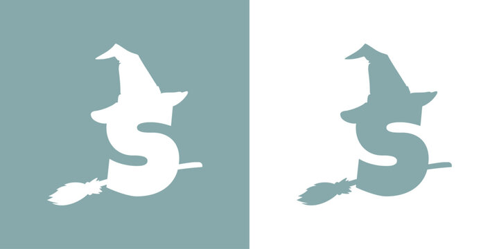Icono letra inicial S con silueta de sombrero de bruja volando en escoba. Logo para su uso en invitaciones y tarjetas de Halloween