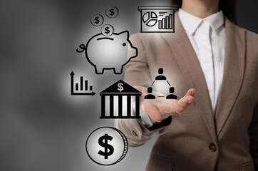 Budget management. Businesswoman demonstrating virtual financial icons on gray background, closeup