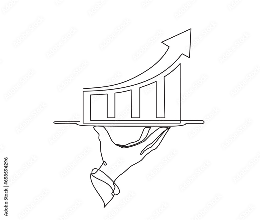 Aufkleber continuous line vector illustration of hand holding dish with graph going up with an arrow on white 