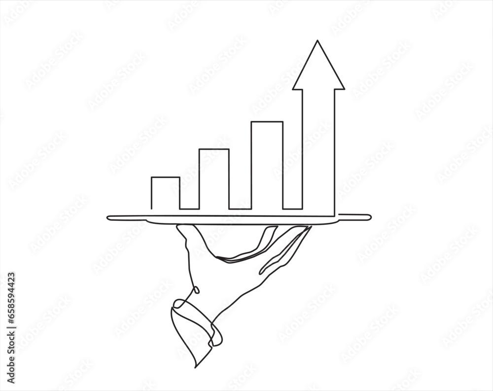 Poster continuous line vector illustration of hand holding dish with graph going up with an arrow on white 