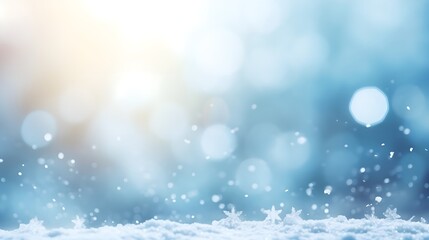 Fototapeta premium Winter Snow Background, Tranquil Snowy Landscape with Bokeh Lights, Beautiful Light and Snow Flakes, blue sky, Banner with Copy Space