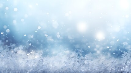 Fototapeta na wymiar Winter Snow Background, Tranquil Snowy Landscape with Bokeh Lights, Beautiful Light and Snow Flakes, blue sky, Banner with Copy Space