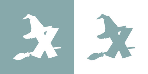 Icono letra inicial X con silueta de sombrero de bruja volando en escoba. Logo para su uso en invitaciones y tarjetas de Halloween © teracreonte