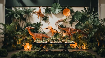 a dinosaur-themed birthday party with prehistoric decorations, dinosaur cutouts, and a jungle backdrop. 