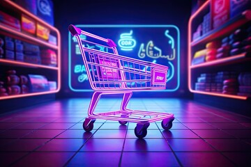Digital shopping delight. Neon lit online store. E commerce revolution. Brighten cart with light. Tech savvy. Storefront experience