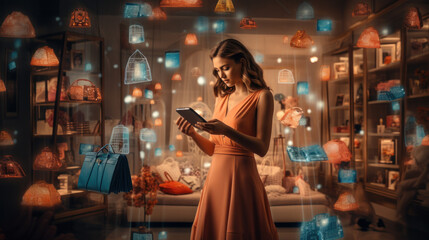 smart retail, shopping online technology concept, people try to use smartphone with virtual or augmented reality in the shop or retail to choose select ,buy cloths and give rating of products