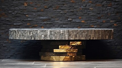 A mosaic podium positioned against a textured stone wall for contrast.