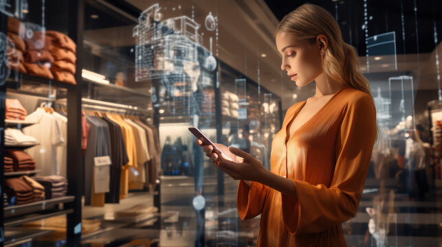 E-commerce concept with a person touching a button on a digital interface with icons of shopping cart, delivery truck and credit card, symbol of online purchase on internet