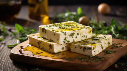 Feta cheese with olive oil in bowl and rosemary leaves on wooden background.