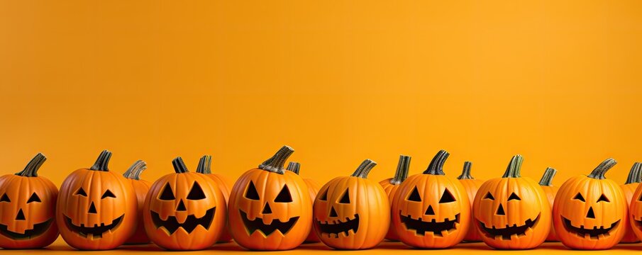 Banner spooky halloween pumpkin decorations on orange background.