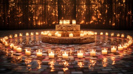 A mosaic podium surrounded by candles, creating a romantic and enchanting atmosphere. - obrazy, fototapety, plakaty