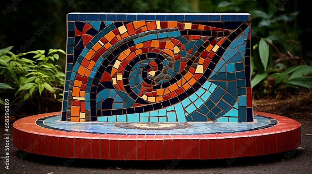 Poster a mosaic podium with a mosaic border, showcasing a combination of colors and shapes.