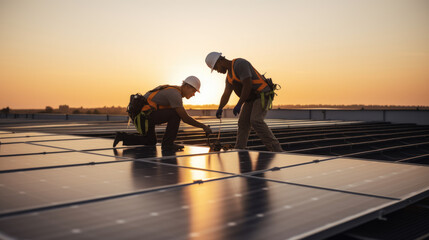 Engineers check the performance of solar panels before sunset.