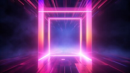 3d render, abstract background, square portal, red neon lights, virtual reality, glowing lines,...