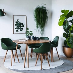 Wooden leather chairs at round dining table. Mid-century home interior design of modern living room.