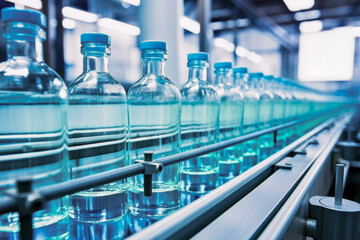 Glass bottles with blue liquid automatic conveyor belt lines in background of modern pharmaceutical manufacture. medical production concept of laboratory and ampoule.