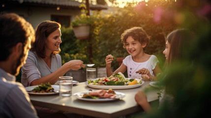 Happy family eating together outdoors. Smiling generation family sitting at dining table during dinner.